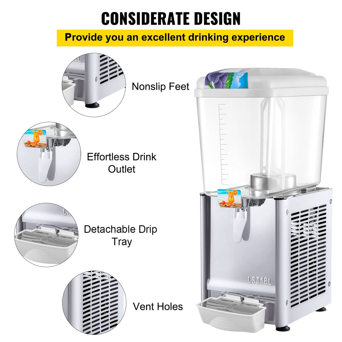Commercial Beverage Dispenser, 4.8 Gallon 1 Tank Cold Beverage Dispenser, 200W Food Grade Material Stainless Steel Commercial Juice Dispenser With Thermostat Controller for Cold Drink
