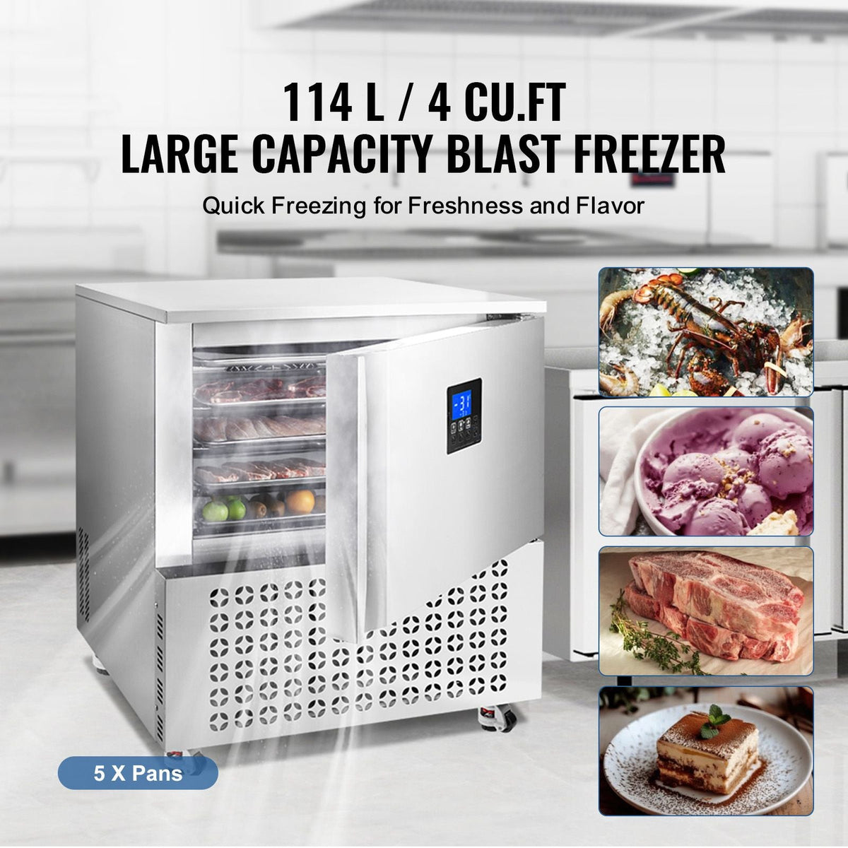 Commercial Blast Freezer, 114 L / 4 Cu.ft Blast Chiller with 5 Trays, Blast Chiller Freezer Chest with 4 Freezing Modes, Stainless Steel Food Blast Freezer with Casters for Restaurant, Seafood
