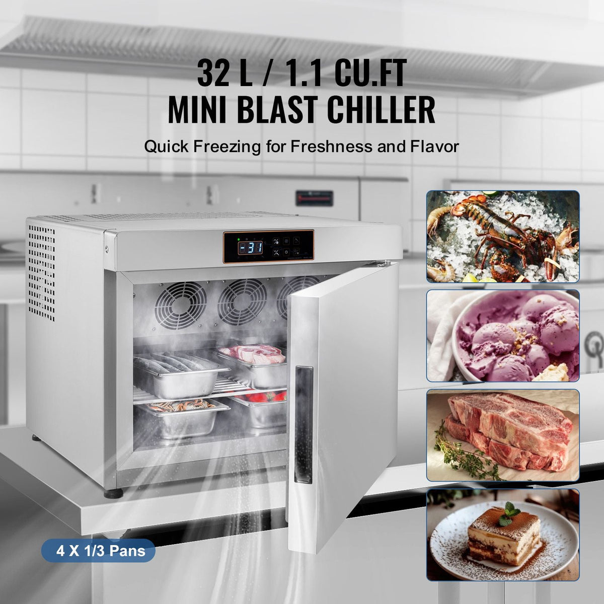 Commercial Blast Freezer, 32 L / 1.1 Cu.ft Blast Chiller with 4 1/3 Trays, Blast Chiller Freezer Chest with Cooling & Freezing Modes, Stainless Steel Food Blast Freezer for Restaurant, Seafood