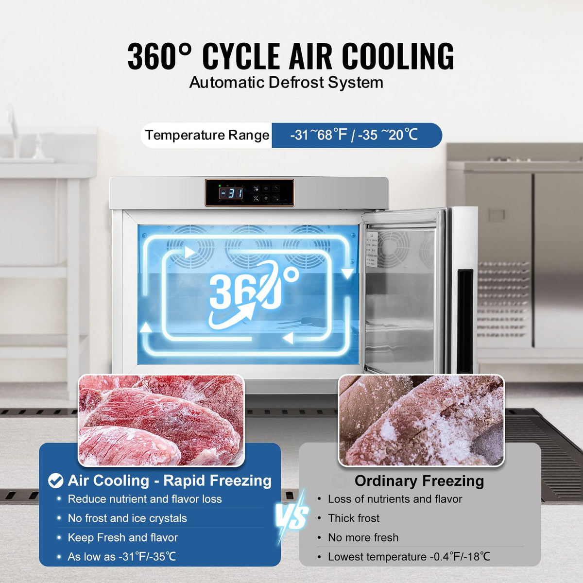 Commercial Blast Freezer, 32 L / 1.1 Cu.ft Blast Chiller with 4 1/3 Trays, Blast Chiller Freezer Chest with Cooling & Freezing Modes, Stainless Steel Food Blast Freezer for Restaurant, Seafood