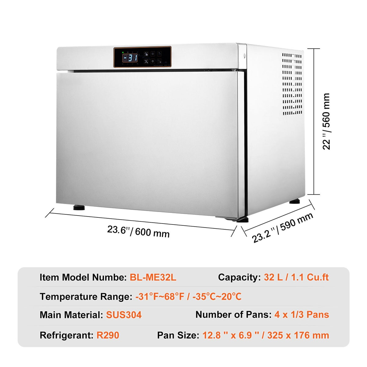 Commercial Blast Freezer, 32 L / 1.1 Cu.ft Blast Chiller with 4 1/3 Trays, Blast Chiller Freezer Chest with Cooling & Freezing Modes, Stainless Steel Food Blast Freezer for Restaurant, Seafood