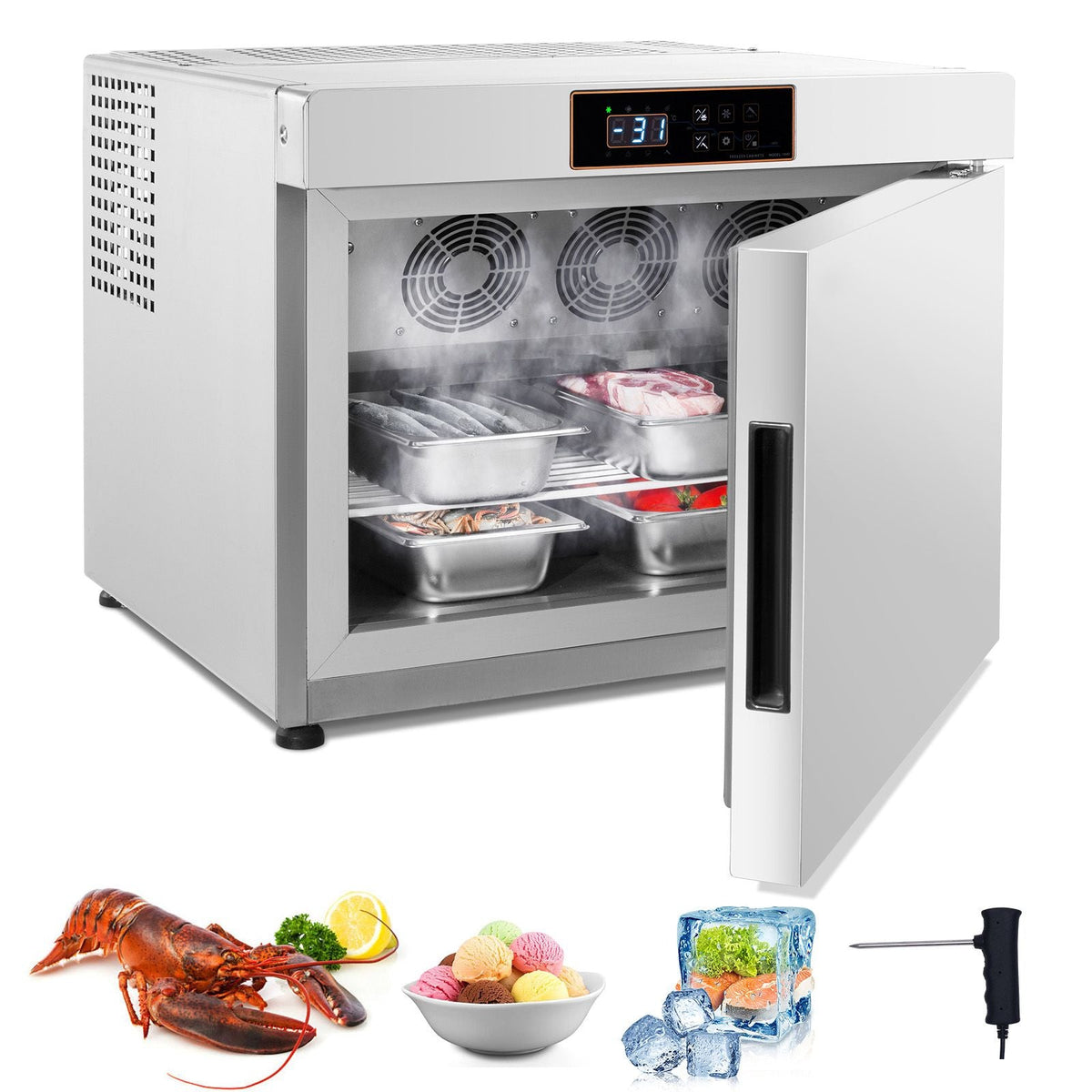 Commercial Blast Freezer, 32 L / 1.1 Cu.ft Blast Chiller with 4 1/3 Trays, Blast Chiller Freezer Chest with Cooling & Freezing Modes, Stainless Steel Food Blast Freezer for Restaurant, Seafood