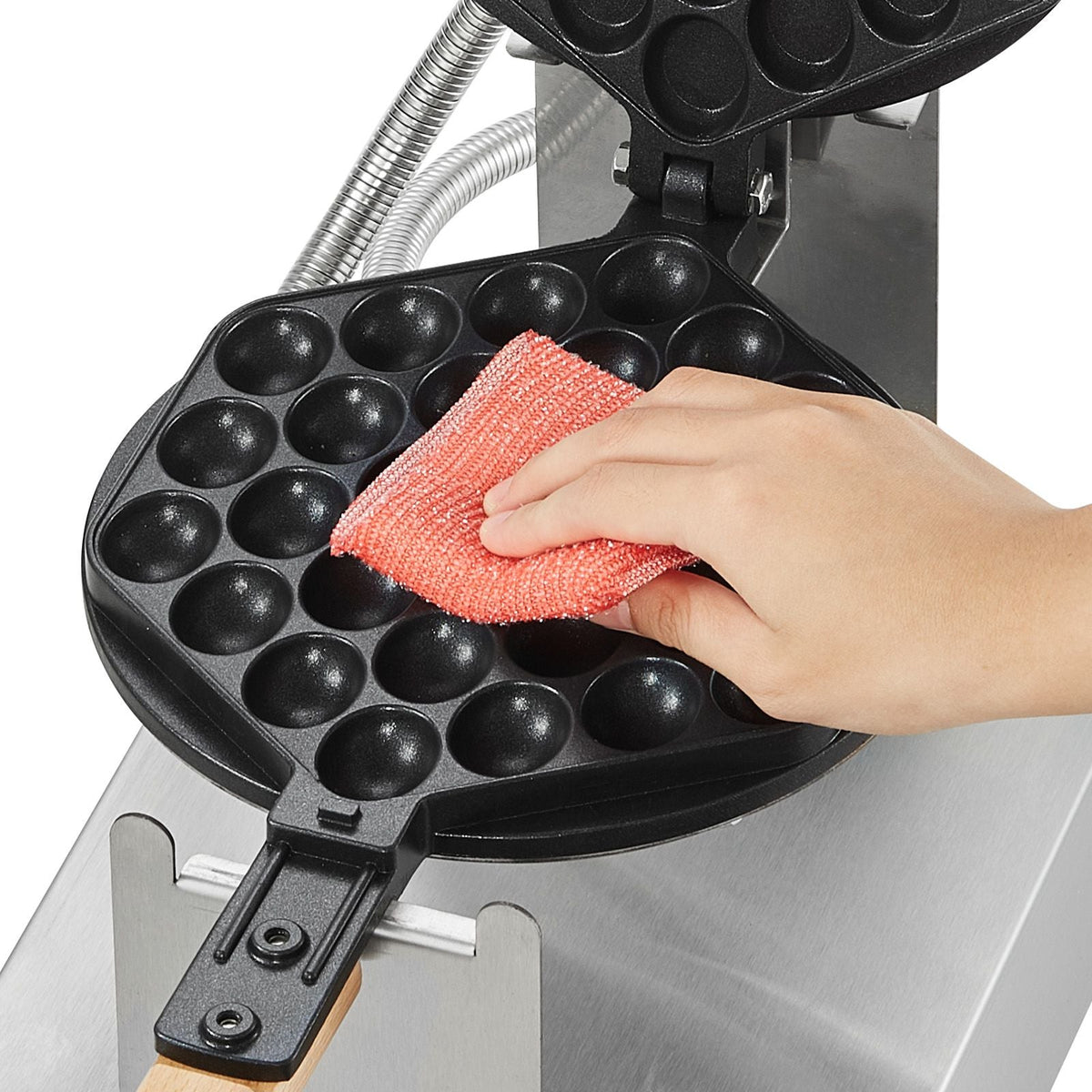 Commercial Bubble Waffle Maker, 1400W Egg Pancake Baker Machine, Non-Stick Stainless Steel Egg Bubble Puff, 180° Rotatable, Temp and Time Control, Wooden Handle, for Restaurant Bakery Snack Bar