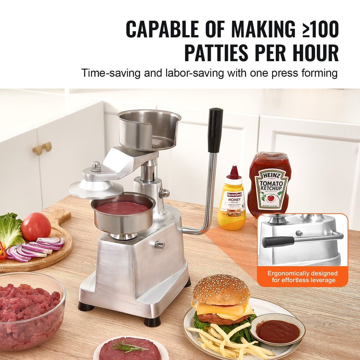 Commercial Burger Patty Maker, 100mm/4inch Hamburger Beef Patty Maker, Heavy Duty Food-Grade Stainless Steel Bowl Burger Press Machine, Kitchen Meat Forming Processor with 1000 Pcs Patty Papers