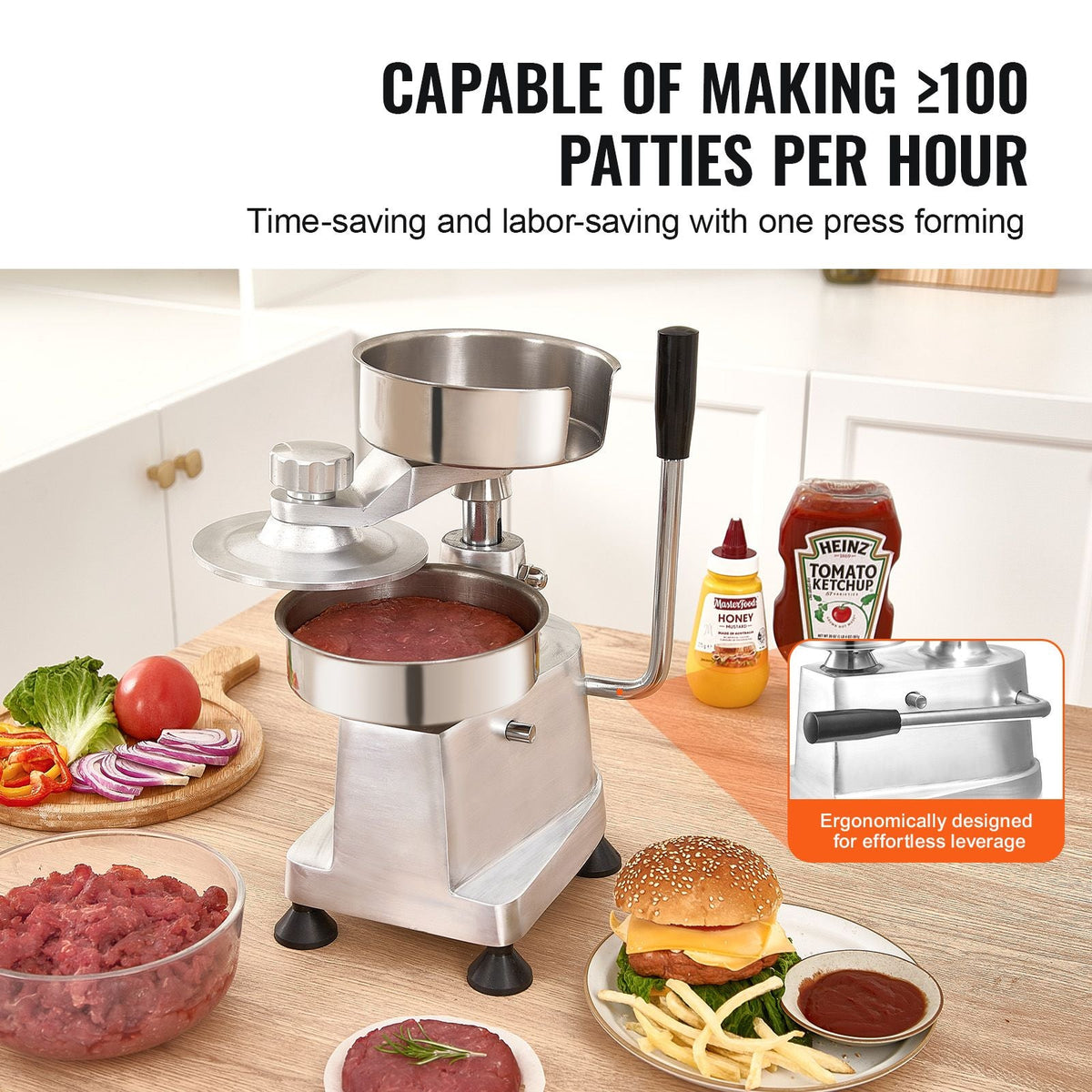 Commercial Burger Patty Maker, Hamburger Beef Patty Maker with 3 Convertible Mold(4/5/6-inch), Heavy Duty Stainless Steel Burger Press Machine, Meat Forming Processor with 1500 Pcs Patty Papers