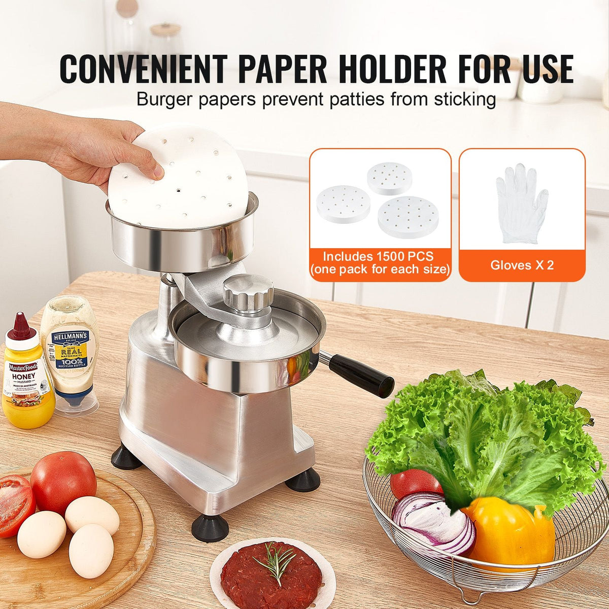 Commercial Burger Patty Maker, Hamburger Beef Patty Maker with 3 Convertible Mold(4/5/6-inch), Heavy Duty Stainless Steel Burger Press Machine, Meat Forming Processor with 1500 Pcs Patty Papers