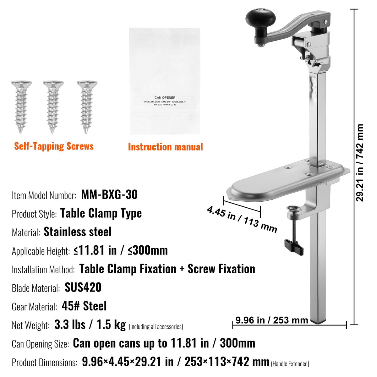Commercial Can Opener, Heavy-Duty Manual Tabletop Cans Opener for Cans Up to 11.8 in Height, Height-Adjustable Can Openers Fixed with Screws & Table Clamp, for Restaurant, Hotel, and Food Store