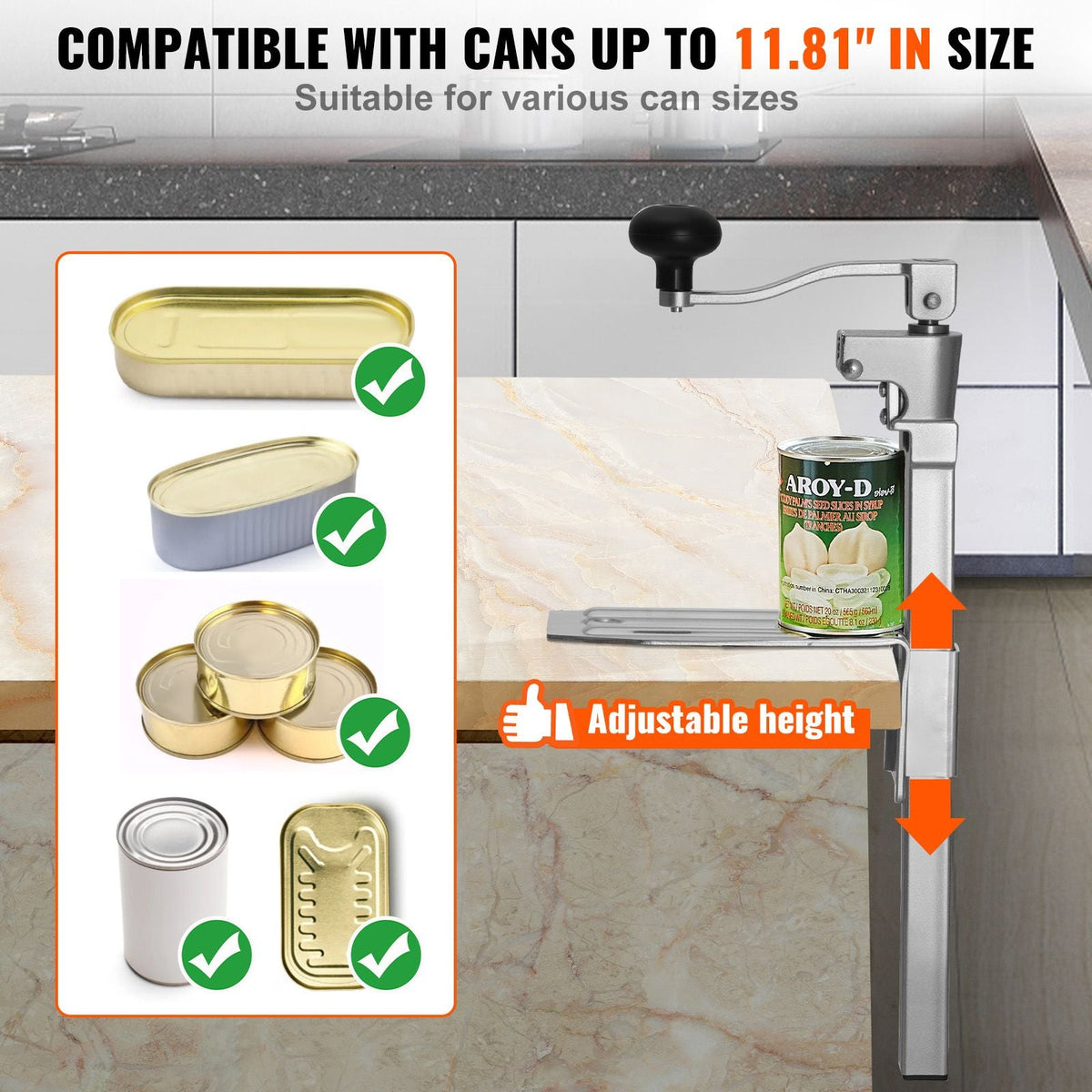 Commercial Can Opener, Heavy-Duty Manual Tabletop Cans Opener for Cans Up to 11.8 in Height, Height-Adjustable Professional Can Openers with Stainless Steel Blade, for Restaurant & Food Store