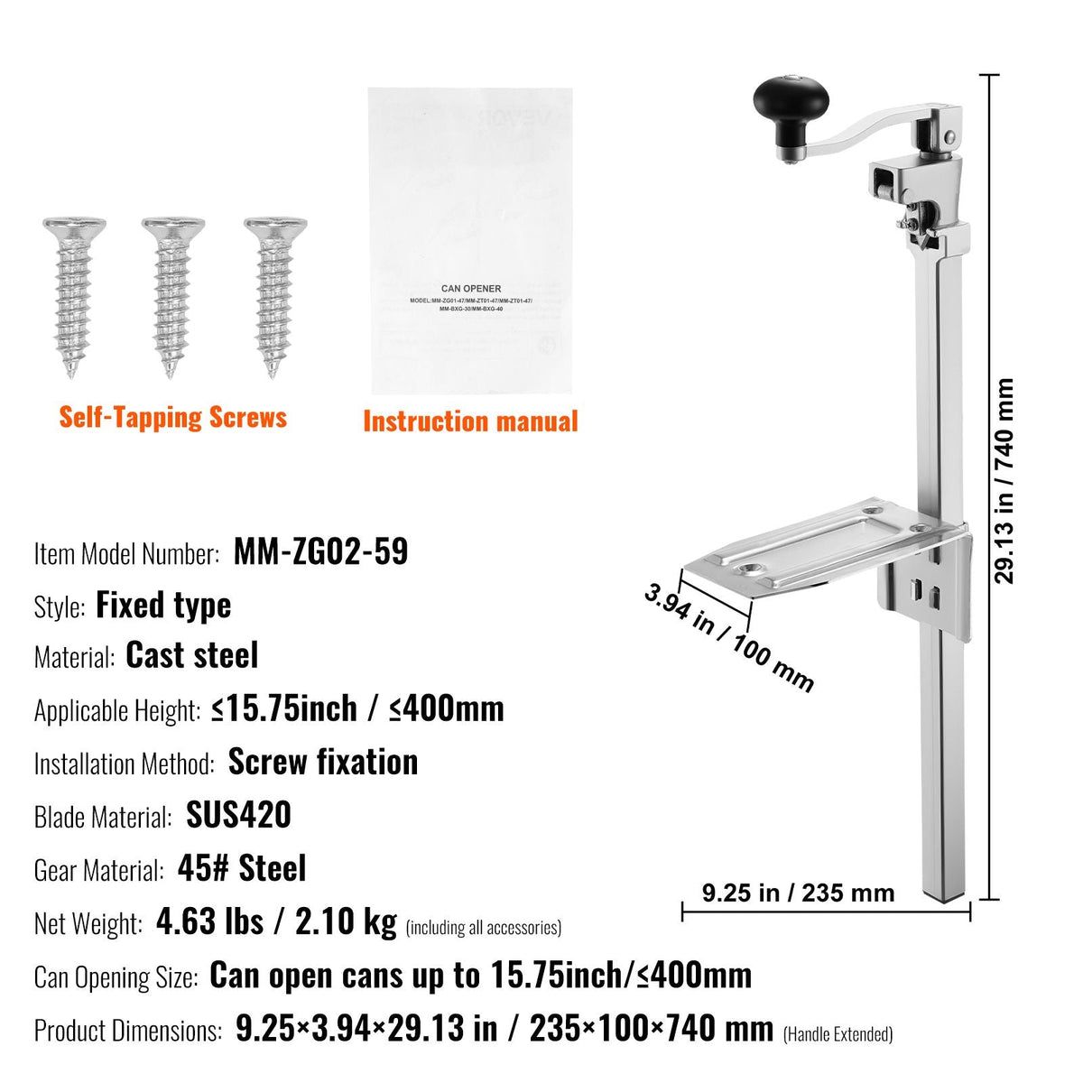 Commercial Can Opener, Heavy-Duty Manual Tabletop Cans Opener for Cans Up to 15.75 in Height, Height-Adjustable Professional Can Openers Fixed with Screws, for Restaurant, Hotel, and Food Store