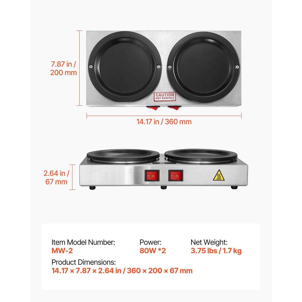 Commercial Coffee Decanter Warm Plate, 80W x 2 Coffee-Carafe Warmer, Dual Warming Plates with Independent Control, Fits 1.8L Standard Glass Decanter, for Coffee Shop, Home, Office & Restaurant
