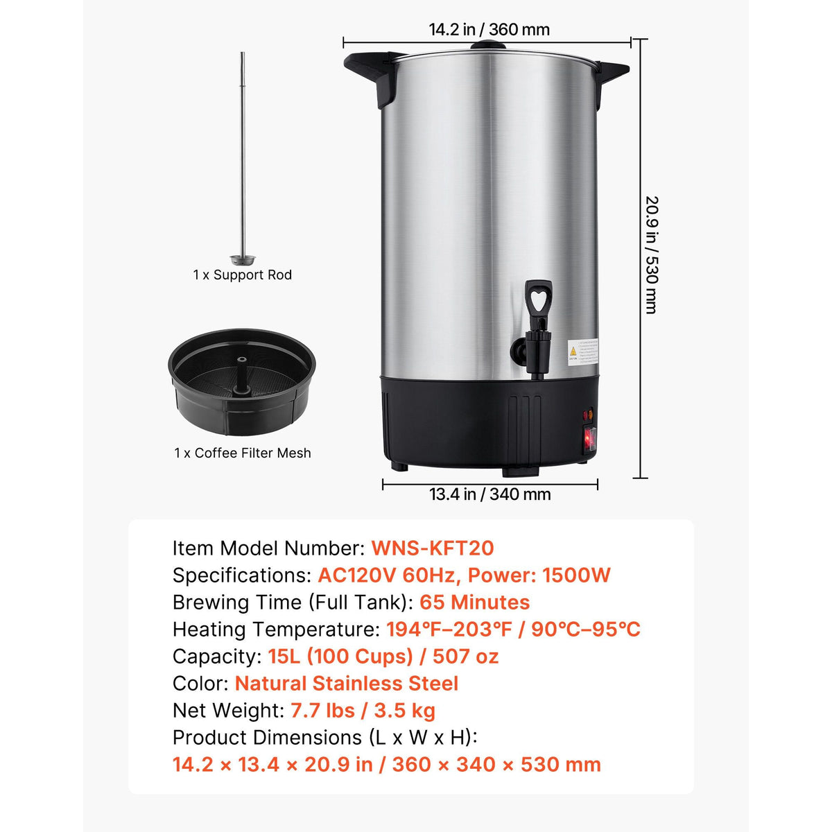 Commercial Coffee Urn, 100 Cup 15 L Hot Beverage Dispenser with Dripless Faucet, Quick-Brewing Stainless Steel Large Commercial Coffee Maker, for Catering, Business, Party, Church & Restaurant