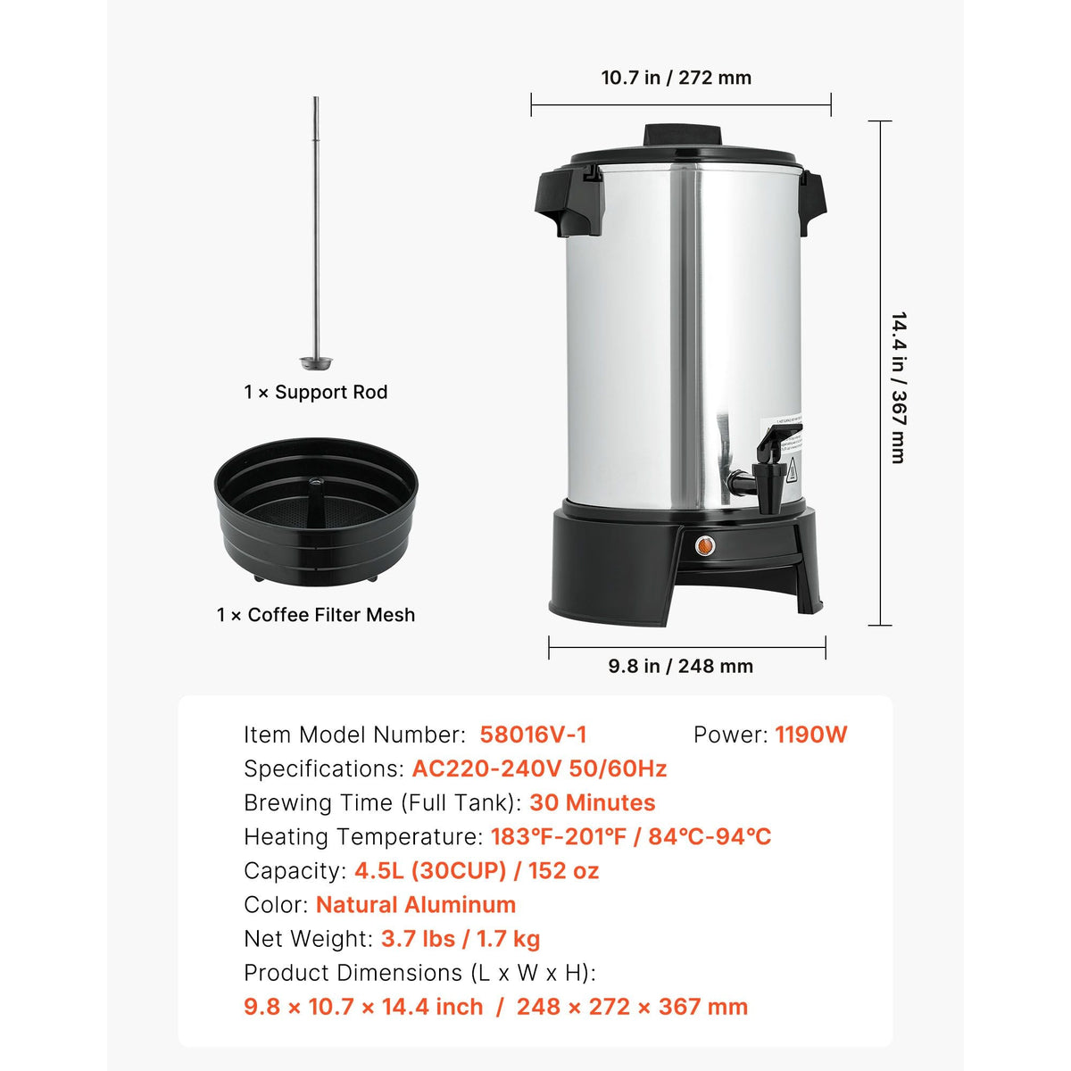 Commercial Coffee Urn, 30 Cup 4.5 L Hot Beverage Dispenser with Dripless Faucet, Quick-Brewing Commercial Coffee Maker, Automatic Temperature Control, for Catering, Party, Church & Restaurant
