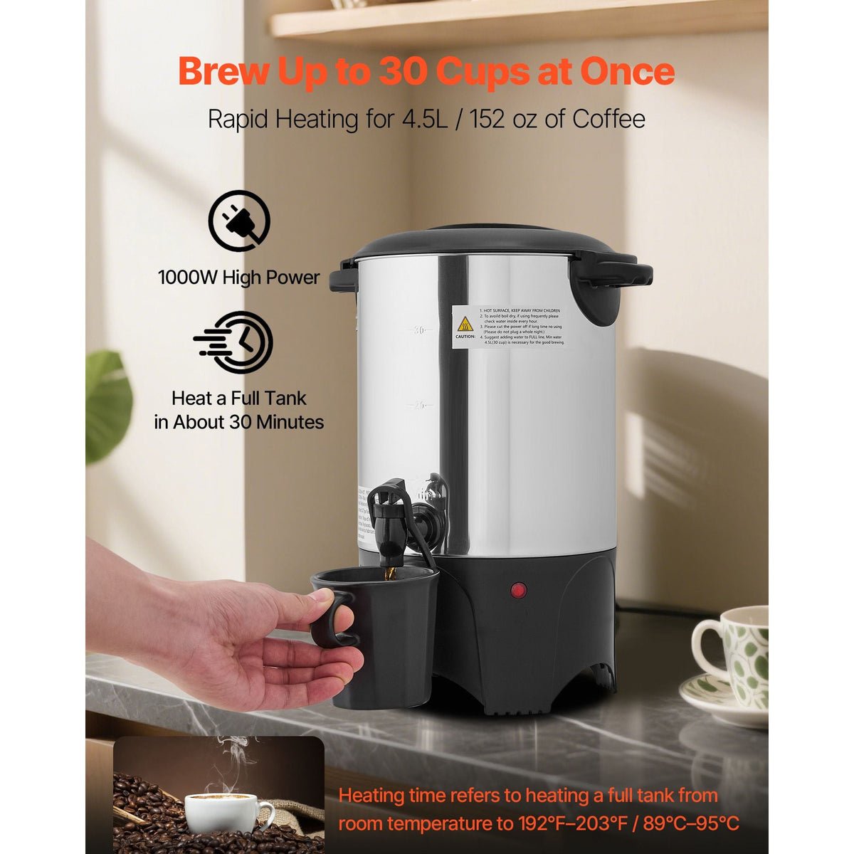 Commercial Coffee Urn, 30 Cup 4.5 L Hot Beverage Dispenser with Dripless Faucet, Quick-Brewing Commercial Coffee Maker with Stainless Steel Liner, for Catering, Business, Church & Restaurant