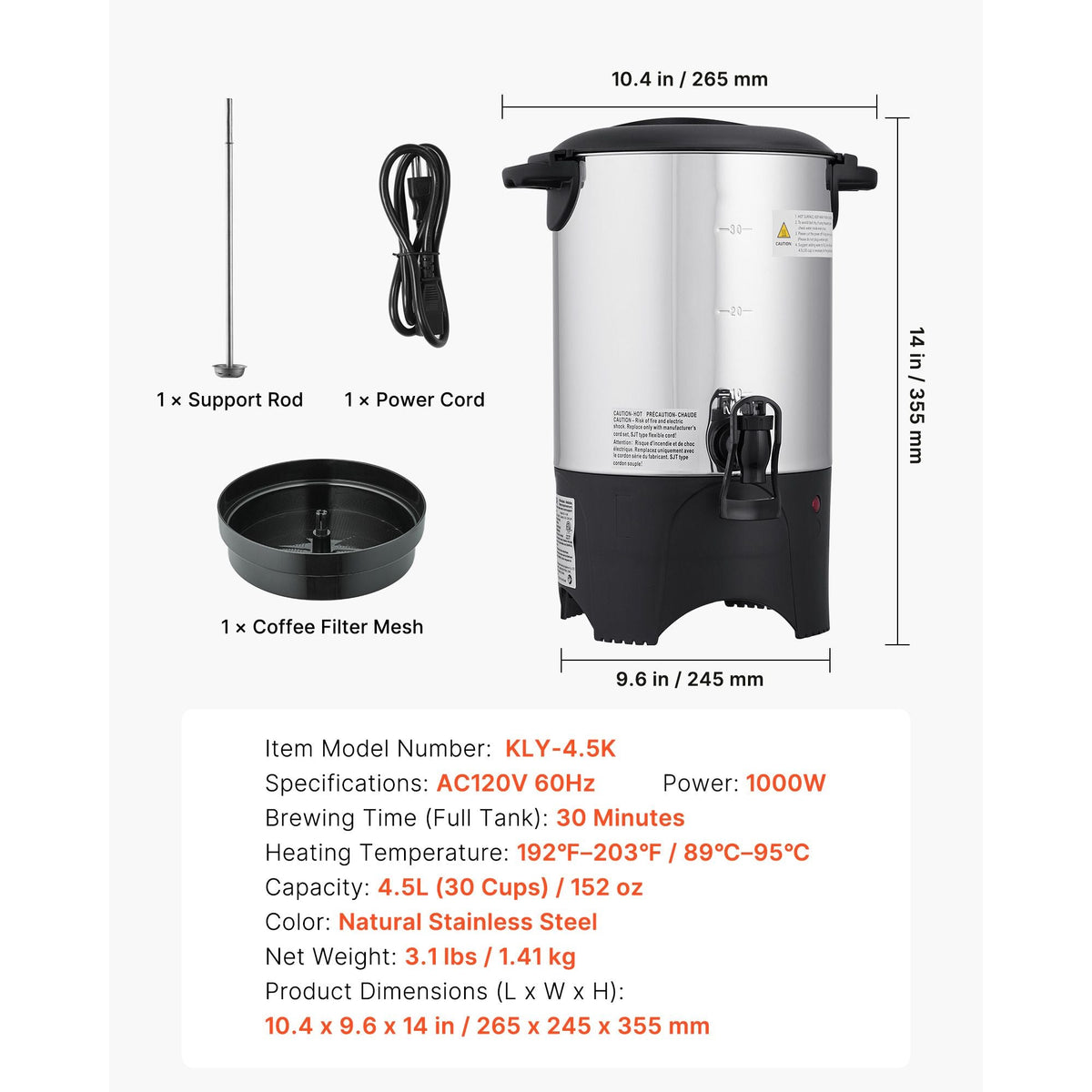 Commercial Coffee Urn, 30 Cup 4.5 L Hot Beverage Dispenser with Dripless Faucet, Quick-Brewing Commercial Coffee Maker with Stainless Steel Liner, for Catering, Business, Church & Restaurant