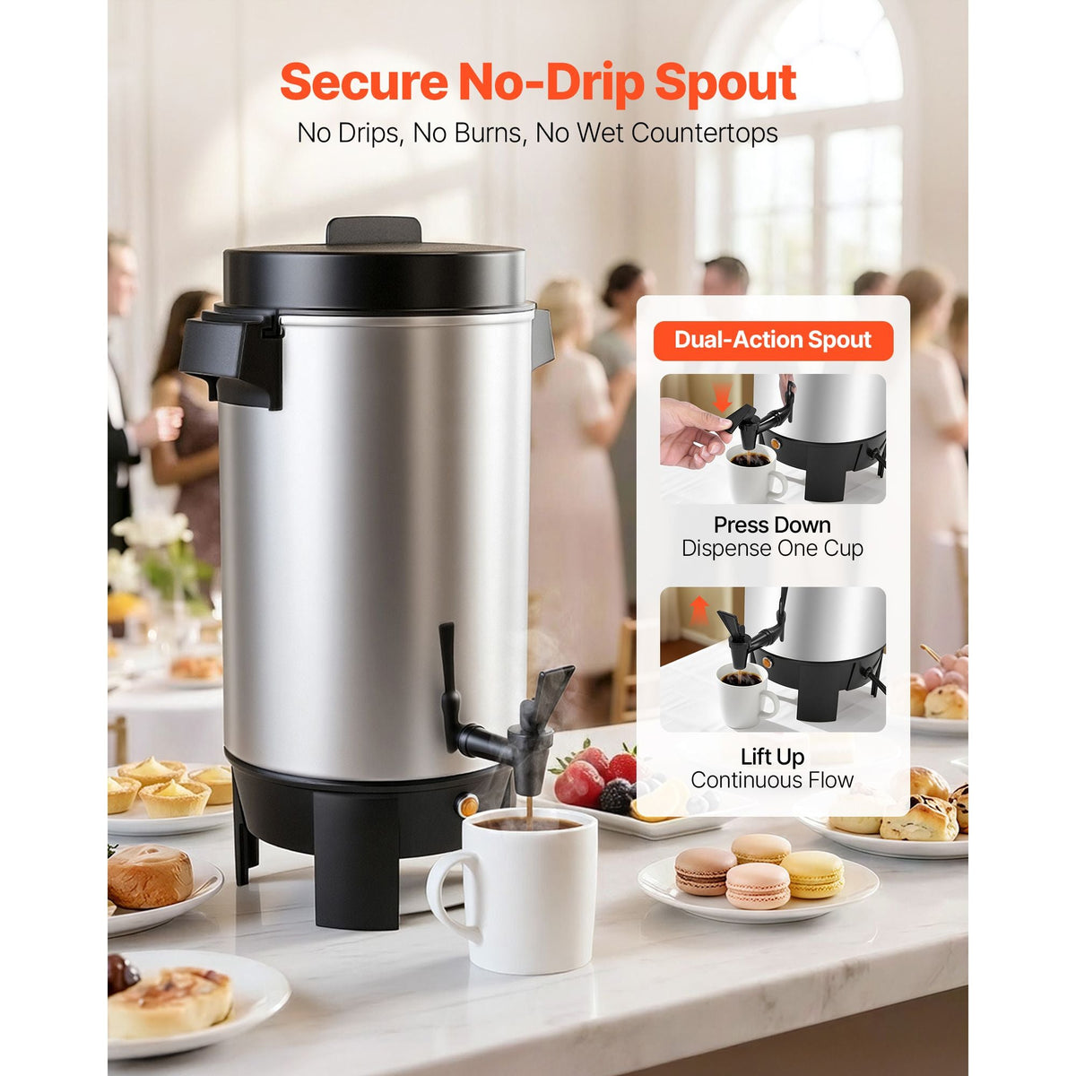 Commercial Coffee Urn, 40 Cup 203oz Hot Beverage Dispenser with Dripless Faucet, 1090W Quick-Brewing Coffee Maker, Automatic Temperature Control, for Catering, Party, Church & Restaurant
