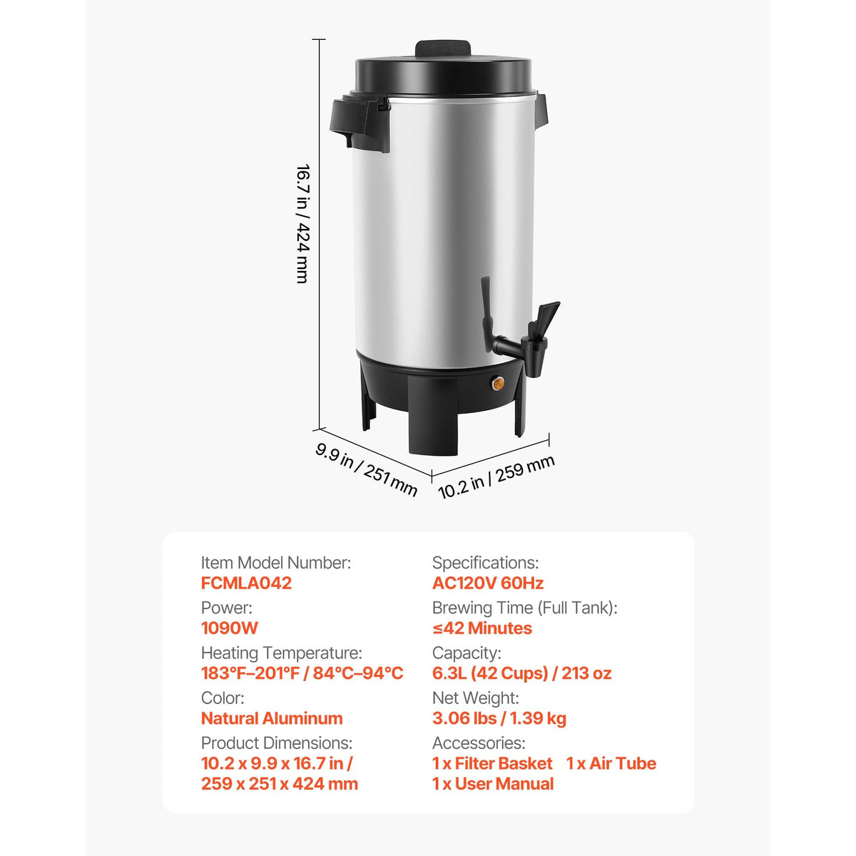 Commercial Coffee Urn, 40 Cup 203oz Hot Beverage Dispenser with Dripless Faucet, 1090W Quick-Brewing Coffee Maker, Automatic Temperature Control, for Catering, Party, Church & Restaurant