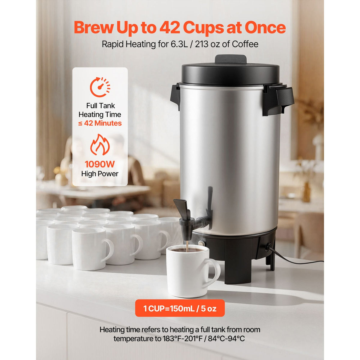Commercial Coffee Urn, 40 Cup 203oz Hot Beverage Dispenser with Dripless Faucet, 1090W Quick-Brewing Coffee Maker, Automatic Temperature Control, for Catering, Party, Church & Restaurant