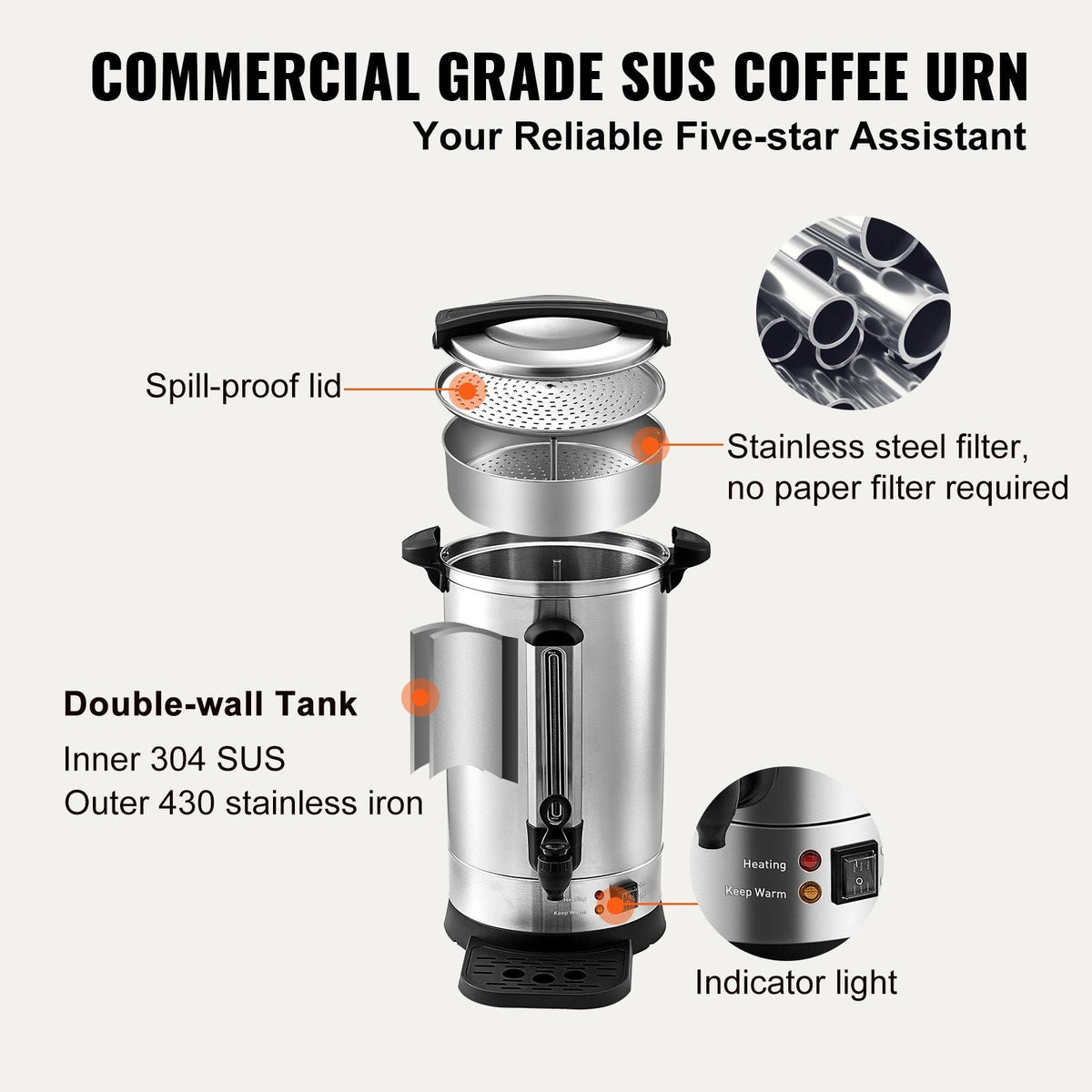 Commercial Coffee Urn, 65 Cups Stainless Steel Large Coffee Dispenser, 1500W 110V Electric Coffee Maker Urn For Quick Brewing, Hot Water Urn with Detachable Power Cord for Easy Cleaning, Silver