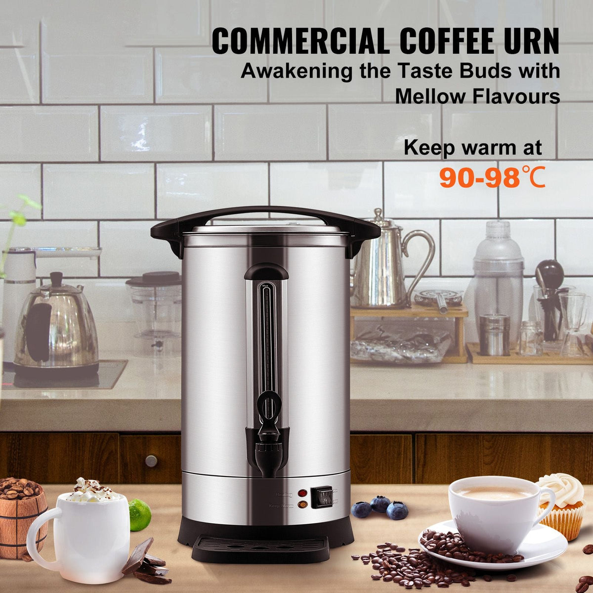 Commercial Coffee Urn, 65 Cups Stainless Steel Large Coffee Dispenser, 1500W 110V Electric Coffee Maker Urn For Quick Brewing, Hot Water Urn with Detachable Power Cord for Easy Cleaning, Silver