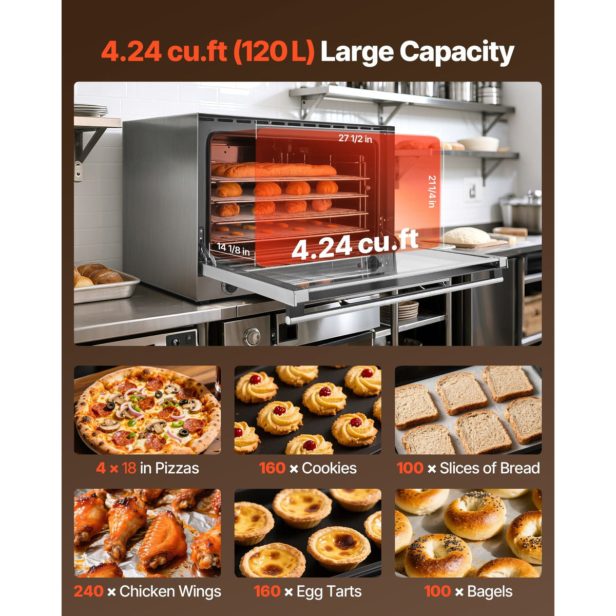 Commercial Convection Oven, 4.24 cu.ft Countertop Oven for Full-Size Pans, Electric Convection Ovens with 4 Racks, 360° Hot Air Circulation, for Bakery, Restaurant & Pizza Shop (208-240V 5000W)