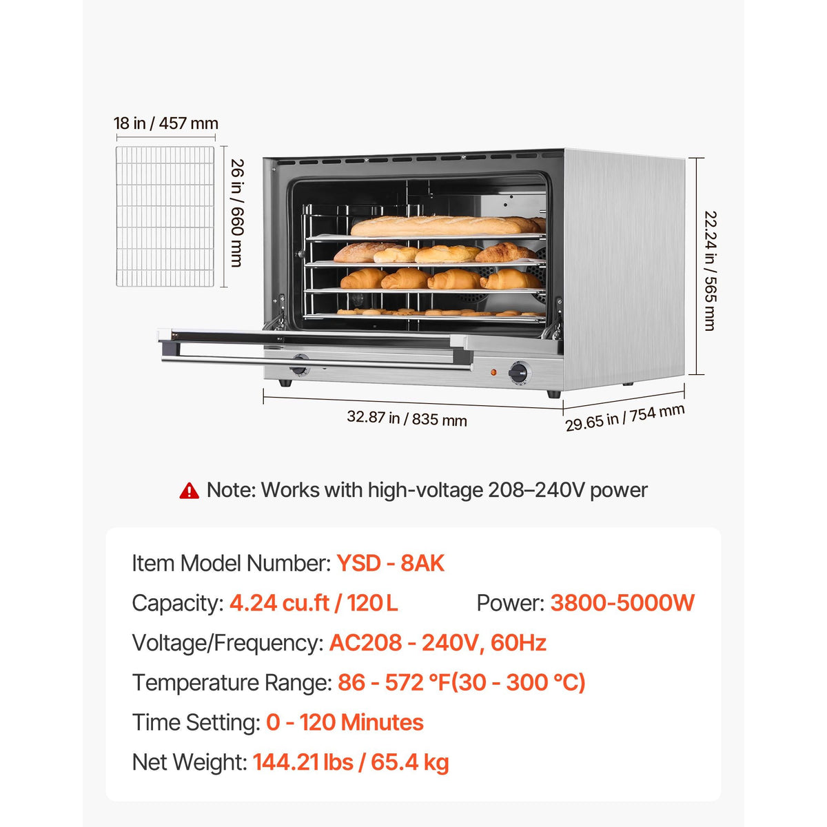 Commercial Convection Oven, 4.24 cu.ft Countertop Oven for Full-Size Pans, Electric Convection Ovens with 4 Racks, 360° Hot Air Circulation, for Bakery, Restaurant & Pizza Shop (208-240V 5000W)
