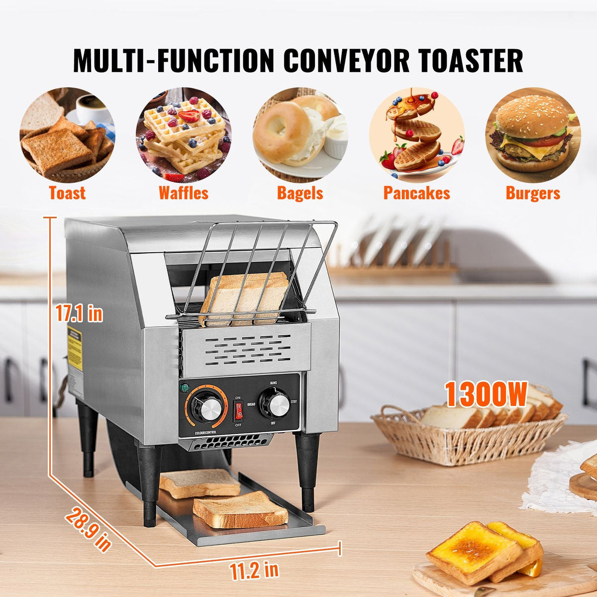 Commercial Conveyor Toaster, 150 Slices/Hour Conveyor Belt Toaster, Heavy Duty Stainless Steel Commercial Toaster Oven, Electric Restaurant Commercial Toaster for Toast Bun, Bagel, Bread