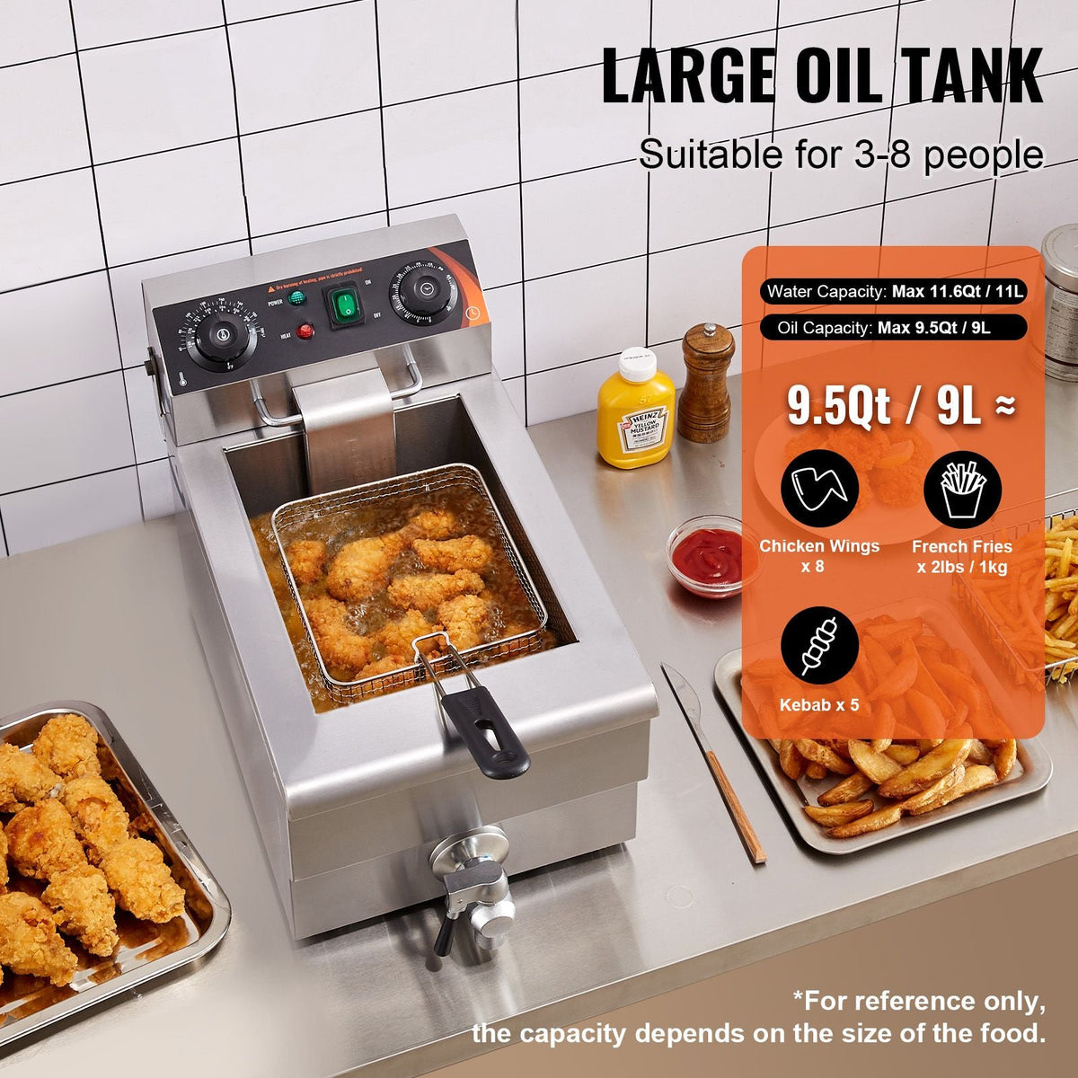 Commercial Deep Fryer, 1500W Electric Countertop Fryer with Basket, 11.6Qt / 11L Stainless Steel Single Oil Fryer with Time & Temp Control, Overheat Protection, for Kitchen Restaurant Use