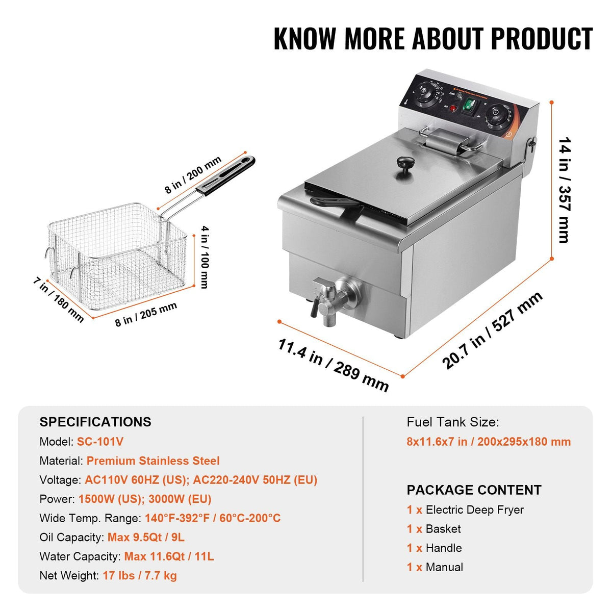 Commercial Deep Fryer, 1500W Electric Countertop Fryer with Basket, 11.6Qt / 11L Stainless Steel Single Oil Fryer with Time & Temp Control, Overheat Protection, for Kitchen Restaurant Use