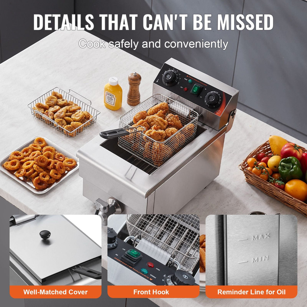 Commercial Deep Fryer, 1500W Electric Countertop Fryer with Basket, 11.6Qt / 11L Stainless Steel Single Oil Fryer with Time & Temp Control, Overheat Protection, for Kitchen Restaurant Use