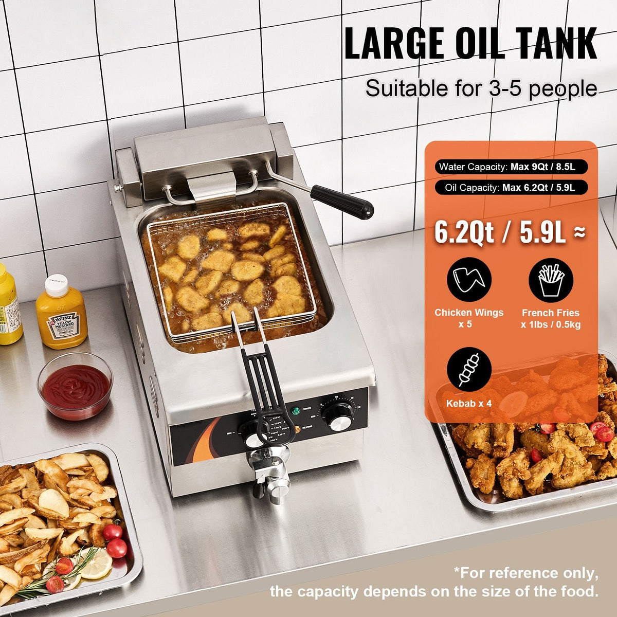 Commercial Deep Fryer, 1750W Electric Countertop Fryer with Basket, 9Qt /8.5 L Single Oil Fryer, 1mm Thickened Stainless Steel, Time & Temp Control, for Kitchen Restaurant Use, Silver