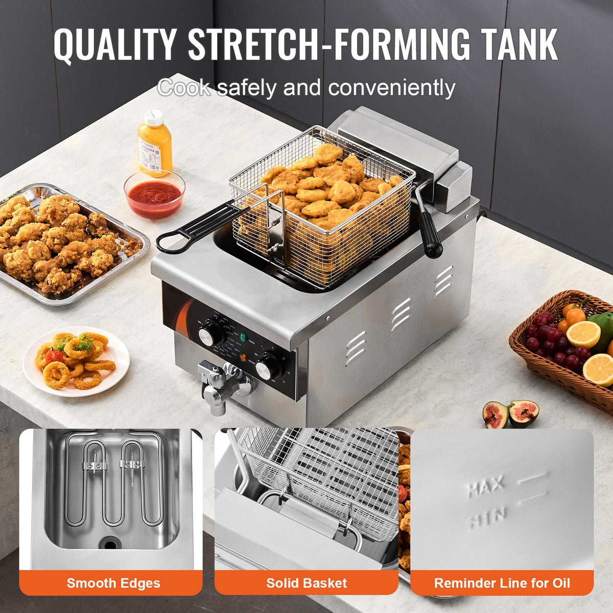 Commercial Deep Fryer, 1750W Electric Countertop Fryer with Basket, 9Qt /8.5 L Single Oil Fryer, 1mm Thickened Stainless Steel, Time & Temp Control, for Kitchen Restaurant Use, Silver