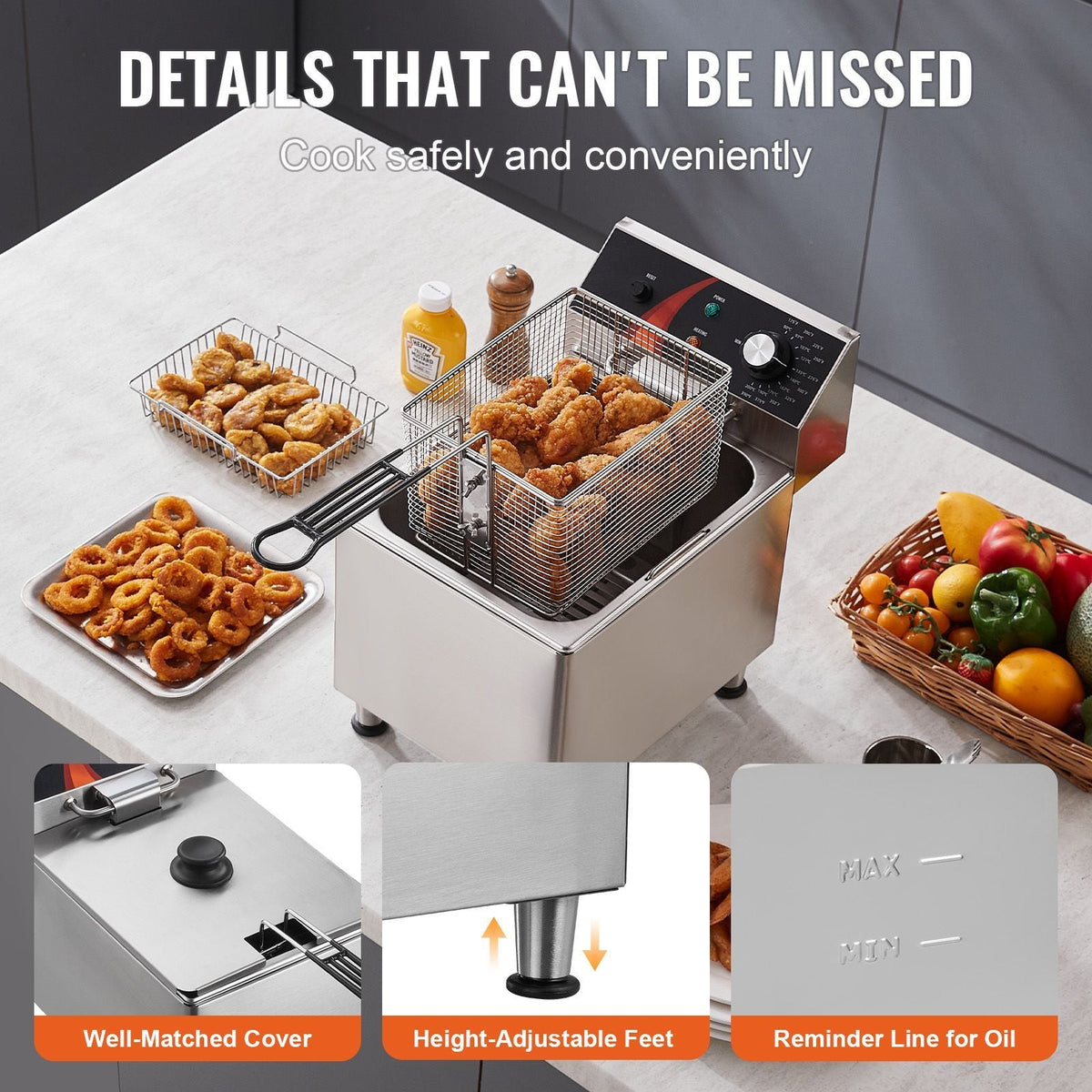 Commercial Deep Fryer, 1750W Electric Countertop Fryer with Basket & Height-Adjustable Feet, 12Qt / 11.5L Stainless Steel Single Oil Fryer, Temp Control, Overheat Protection, for Restaurant Use