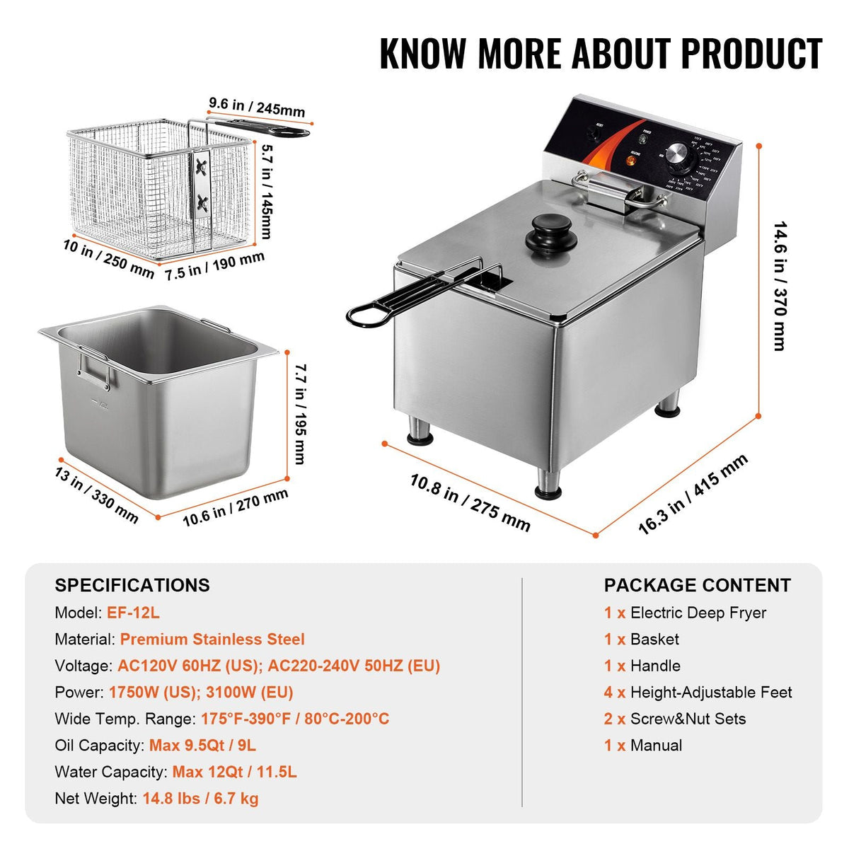 Commercial Deep Fryer, 1750W Electric Countertop Fryer with Basket & Height-Adjustable Feet, 12Qt / 11.5L Stainless Steel Single Oil Fryer, Temp Control, Overheat Protection, for Restaurant Use