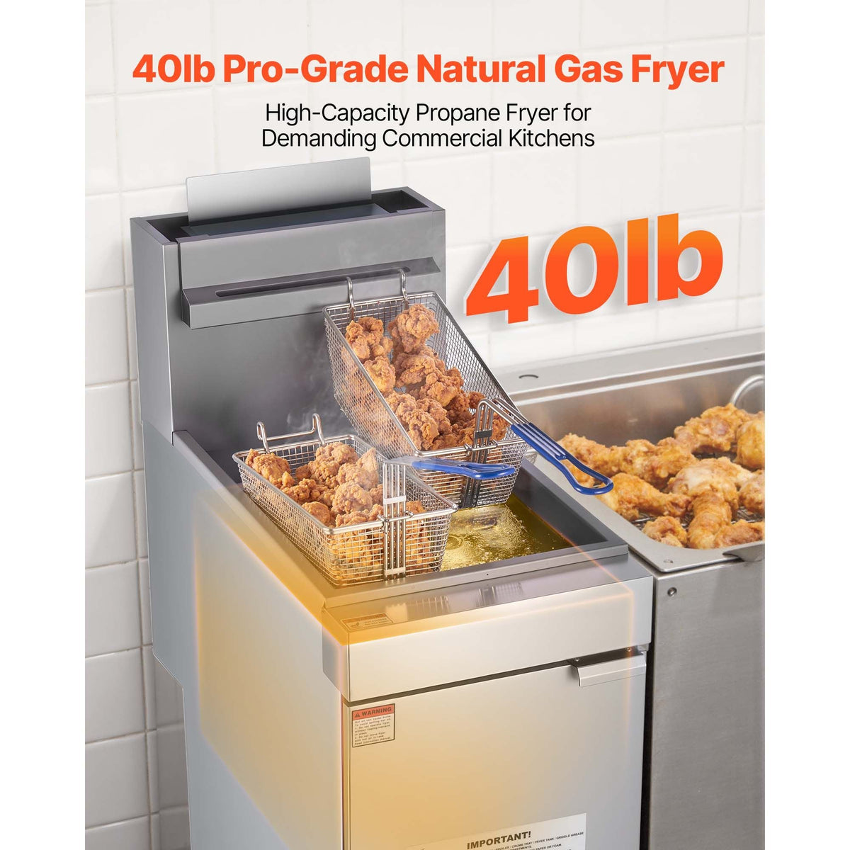 Commercial Deep Fryer, 3-Burner Fryer for Restaurants, Stainless Steel Floor Standing Deep Fryers with Dual Baskets and Adjustable Temperature, Natural Gas Powered, 40 lbs Capacity, 90,000 BTU