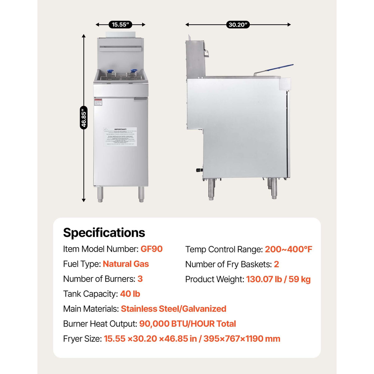 Commercial Deep Fryer, 3-Burner Fryer for Restaurants, Stainless Steel Floor Standing Deep Fryers with Dual Baskets and Adjustable Temperature, Natural Gas Powered, 40 lbs Capacity, 90,000 BTU