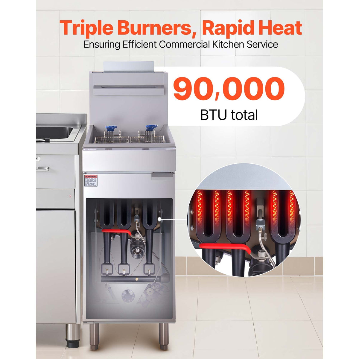 Commercial Deep Fryer, 3-Burner Fryer for Restaurants, Stainless Steel Floor Standing Deep Fryers with Dual Baskets and Adjustable Temperature, Propane Powered, 40 lbs Capacity, 90,000 BTU