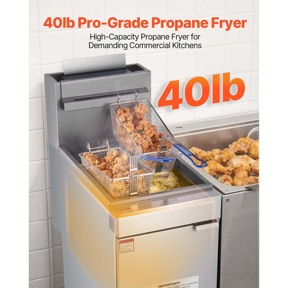 Commercial Deep Fryer, 3-Burner Fryer for Restaurants, Stainless Steel Floor Standing Deep Fryers with Dual Baskets and Adjustable Temperature, Propane Powered, 40 lbs Capacity, 90,000 BTU