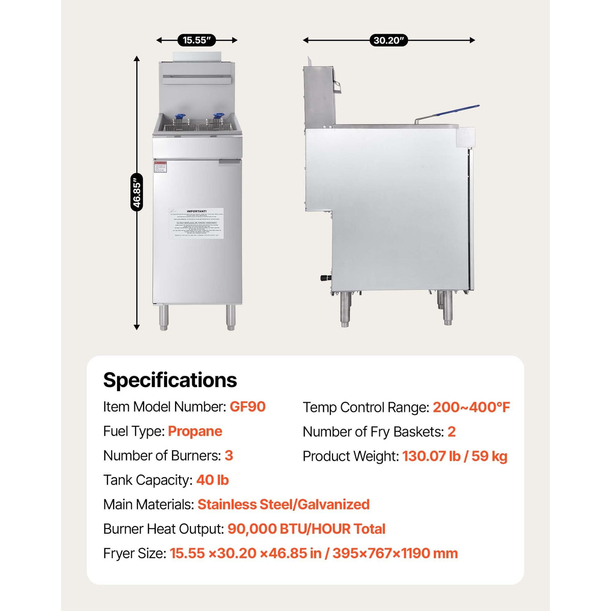 Commercial Deep Fryer, 3-Burner Fryer for Restaurants, Stainless Steel Floor Standing Deep Fryers with Dual Baskets and Adjustable Temperature, Propane Powered, 40 lbs Capacity, 90,000 BTU