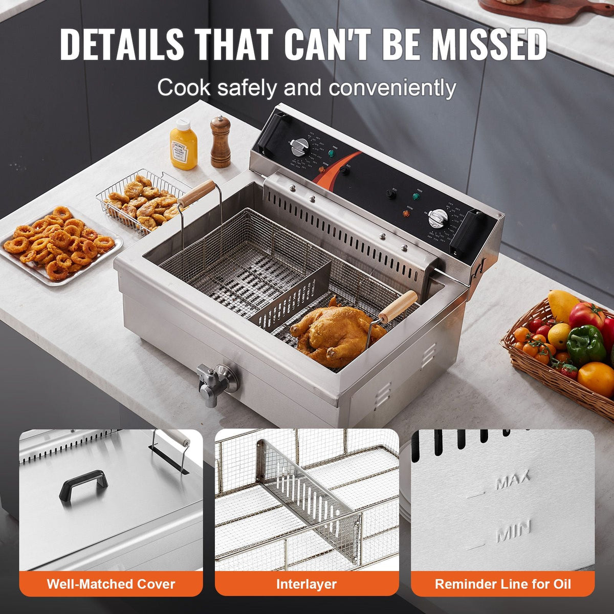 Commercial Deep Fryer, 3000W Electric Turkey Fryer with Basket, Large Capacity 30.6Qt / 29L Countertop Single Oil Fryer, Stainless Steel, Temp Control, for Kitchen Restaurant Use, Silver