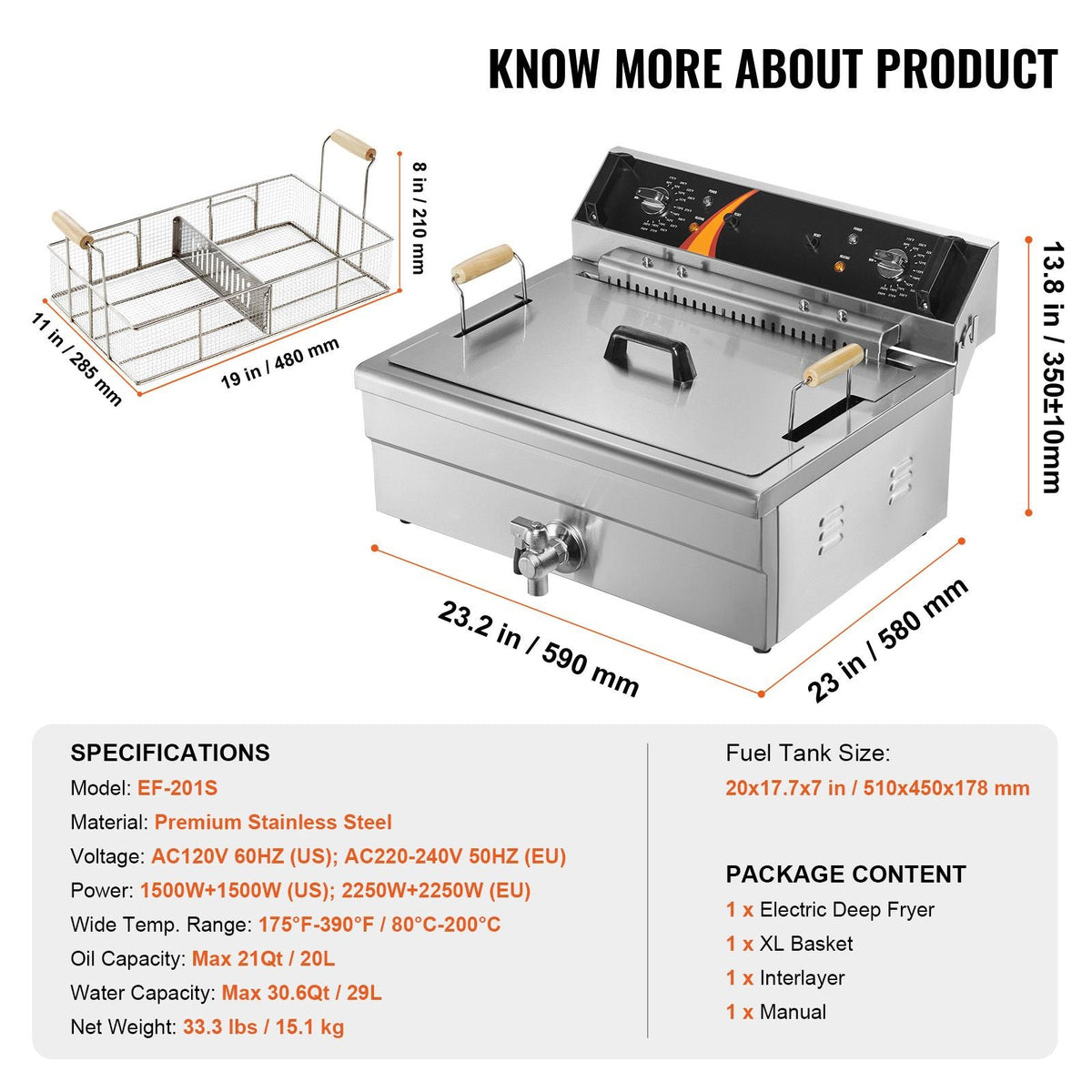 Commercial Deep Fryer, 3000W Electric Turkey Fryer with Basket, Large Capacity 30.6Qt / 29L Countertop Single Oil Fryer, Stainless Steel, Temp Control, for Kitchen Restaurant Use, Silver