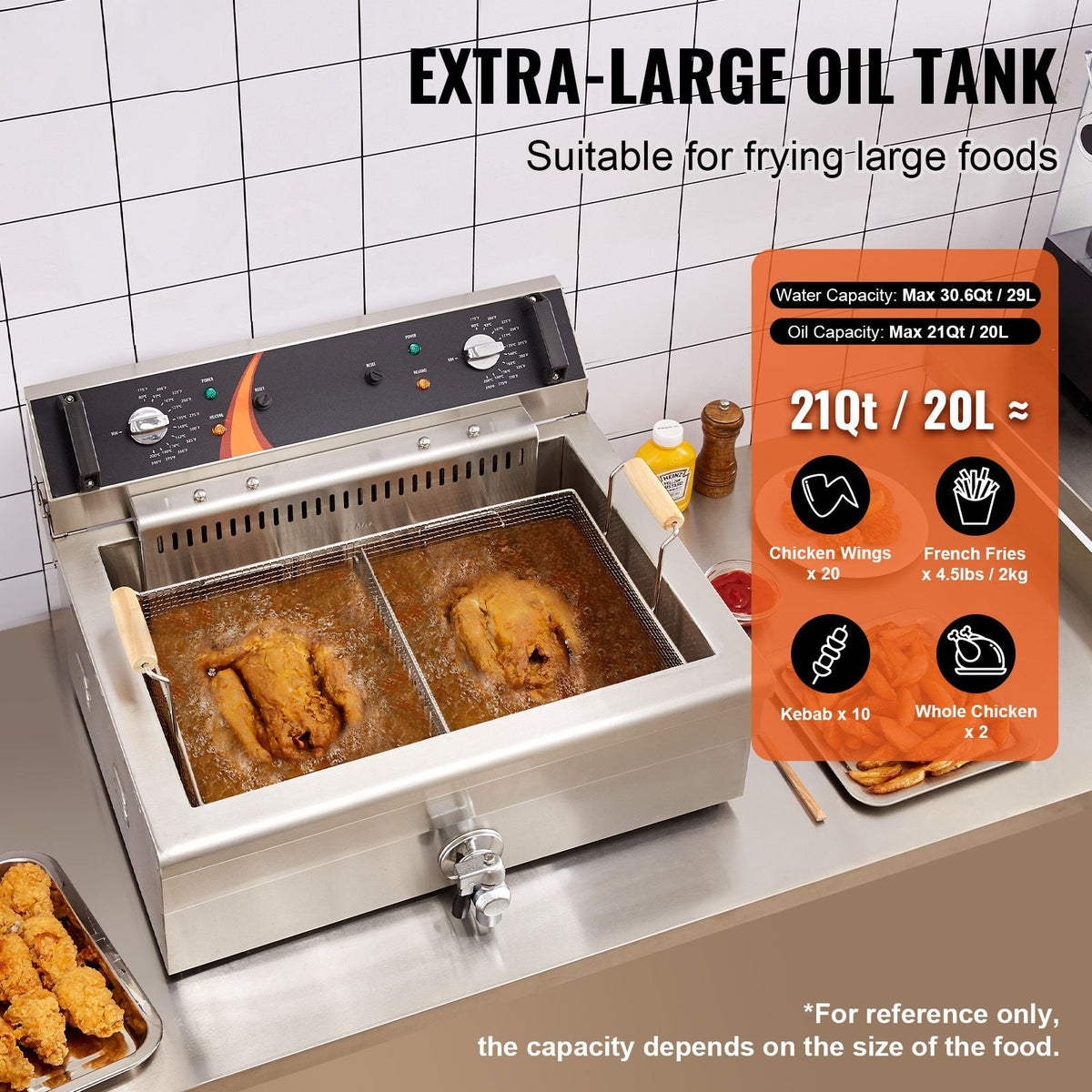 Commercial Deep Fryer, 3000W Electric Turkey Fryer with Basket, Large Capacity 30.6Qt / 29L Countertop Single Oil Fryer, Stainless Steel, Temp Control, for Kitchen Restaurant Use, Silver