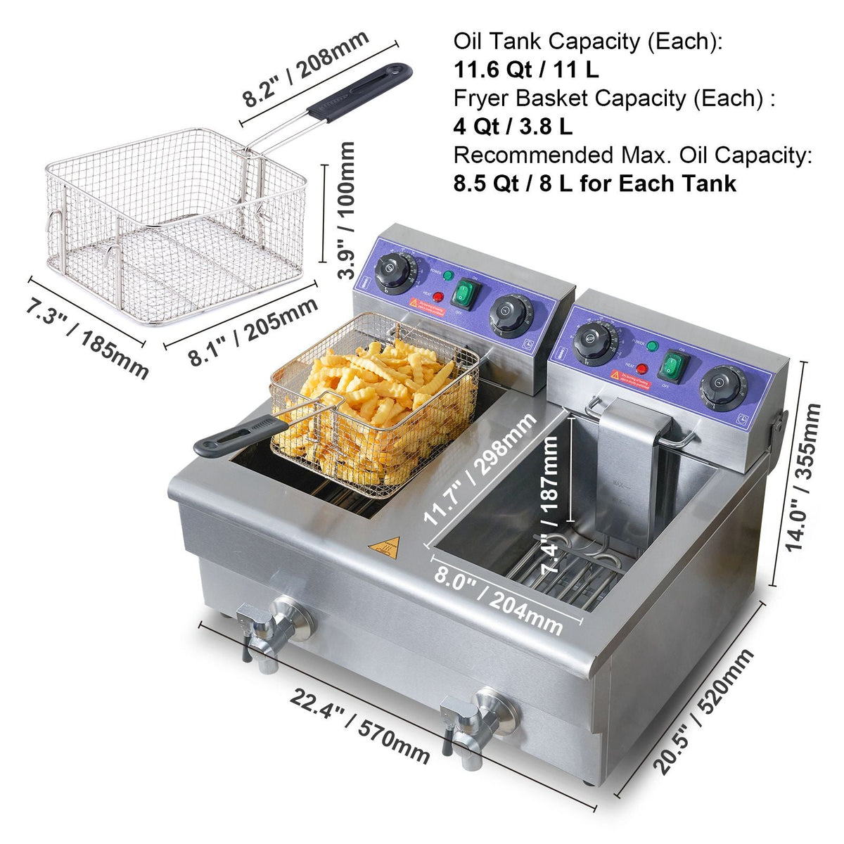 Commercial Deep Fryer, Dual Tank 3000W Electric Countertop Fryer with Basket, 2 x 11.6Qt/11L Double Stainless Steel Oil Fryer with Oil Filtration, Time & Temp Control, for Kitchen Restaurant Use
