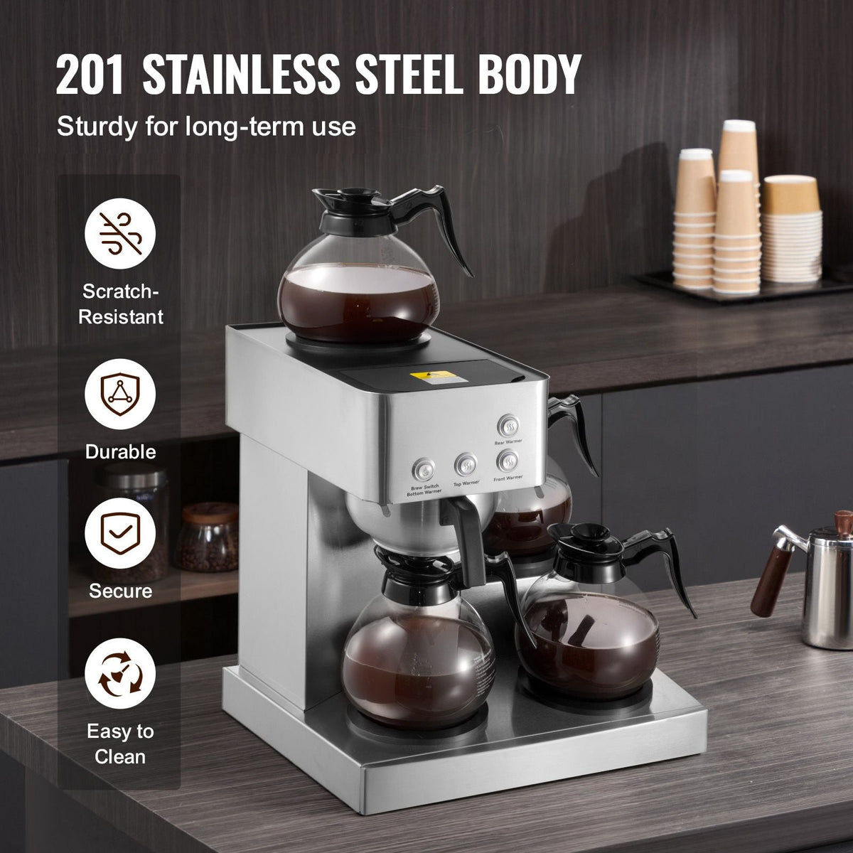 Commercial Drip Coffee Maker, 12 Cups Coffee-Maker Machine with 4 Glass Carafes and 4 Decanter Warmer Plates, Stainless Steel Drip Style Coffee Brewer, for Restaurant, Office, Coffee Shop & Home