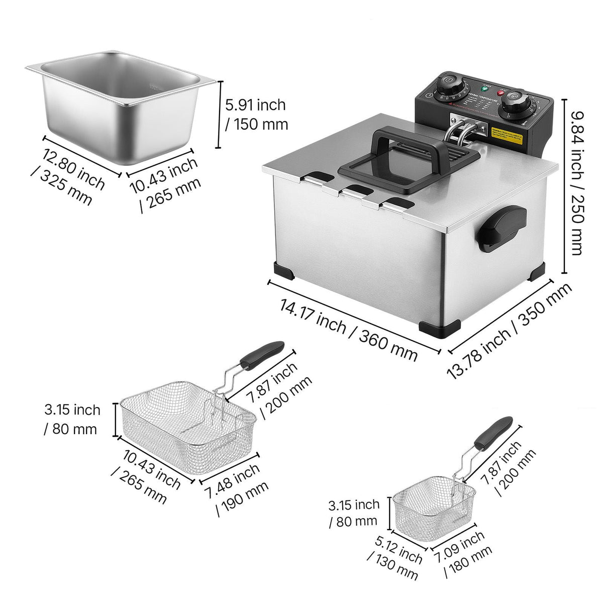 Commercial Electric Deep Fryer, 9.51 Qt, 1700W Stainless Steel Countertop Fryer with Large & Small Baskets, Overheat Protection, Temp Control, Timer, Detachable for Home Restaurant Use, Silver