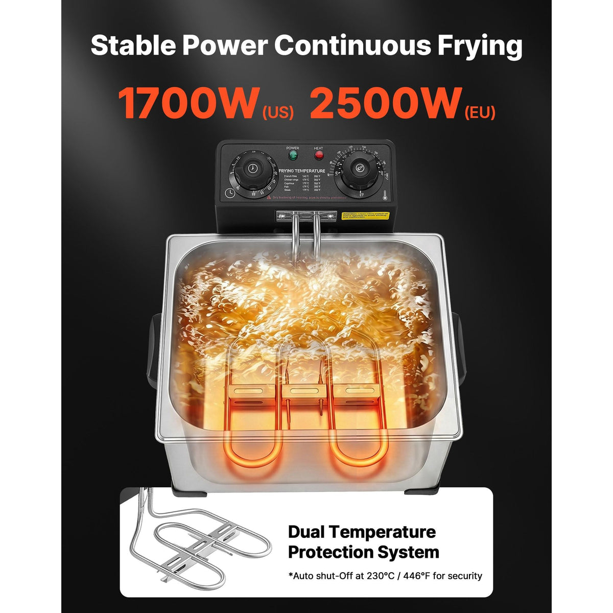 Commercial Electric Deep Fryer, 9.51 Qt, 1700W Stainless Steel Countertop Fryer with Large & Small Baskets, Overheat Protection, Temp Control, Timer, Detachable for Home Restaurant Use, Silver