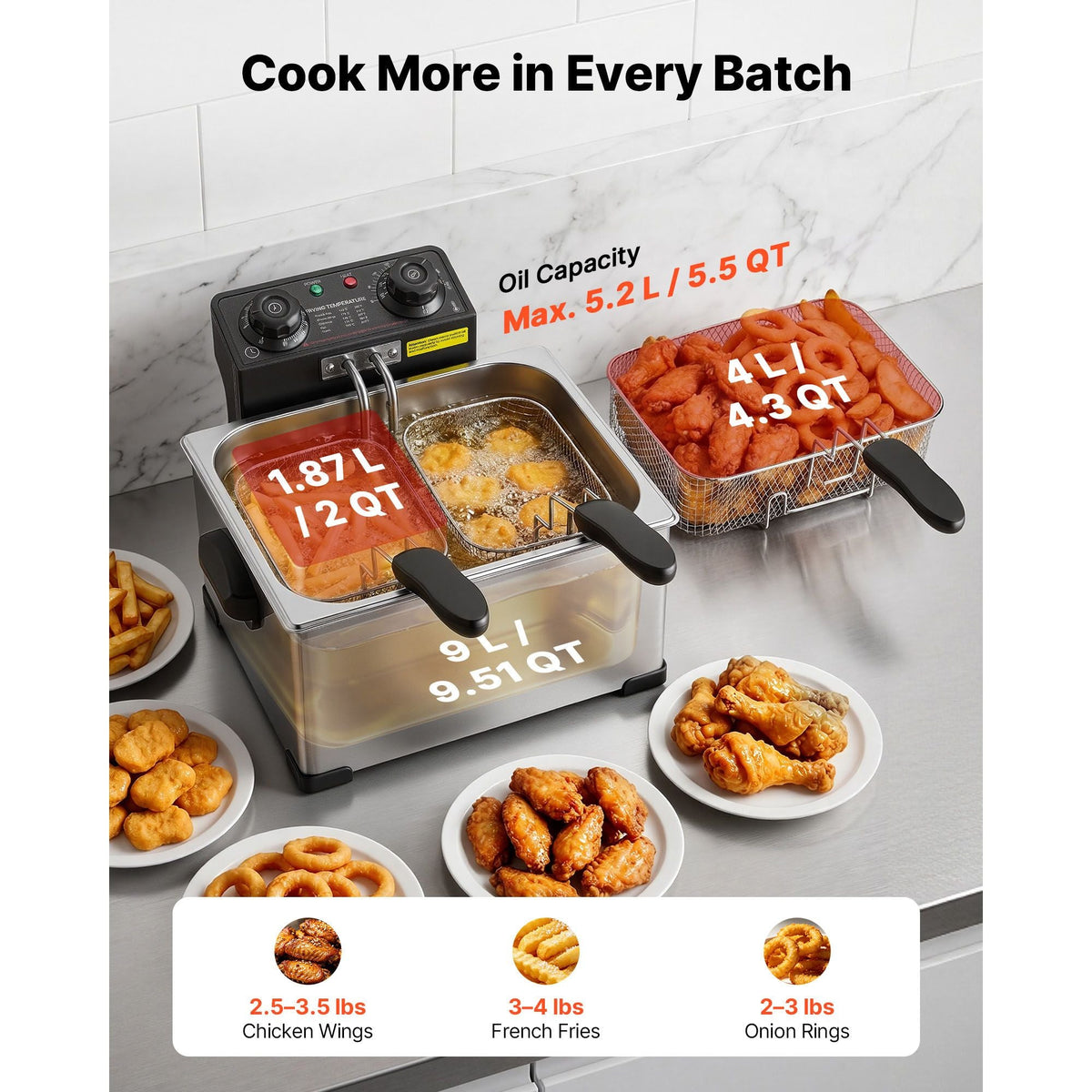 Commercial Electric Deep Fryer, 9.51 Qt, 1700W Stainless Steel Countertop Fryer with Large & Small Baskets, Overheat Protection, Temp Control, Timer, Detachable for Home Restaurant Use, Silver