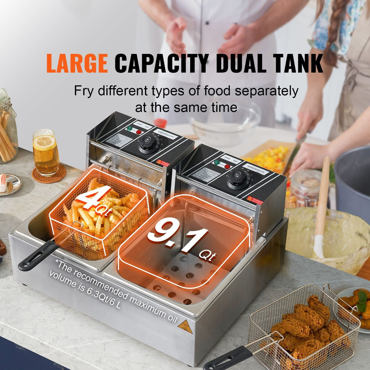 Commercial Electric Deep Fryer Countertop Deep Fryer Dual Detachable Tanks