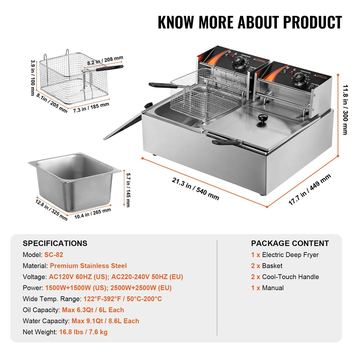 Commercial Electric Deep Fryer Countertop Deep Fryer Dual Detachable Tanks