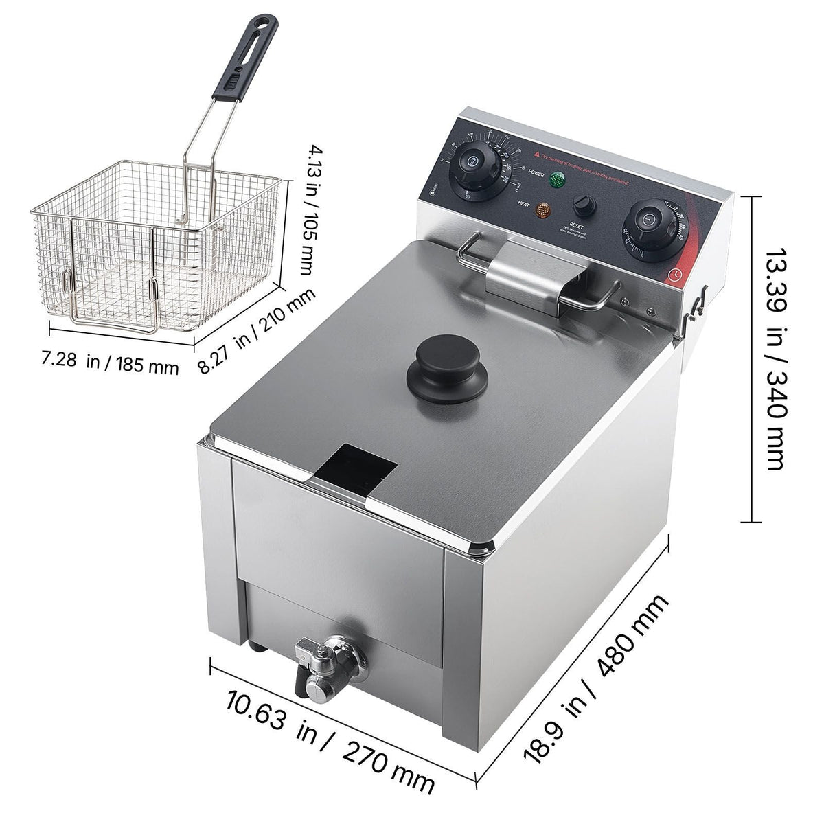 Commercial Electric Deep Fryer, Oil Filtration Upgrade, 9.51 Qt, 1750W Stainless Steel Countertop Fryer with Basket and Lid, Temp Control, Oil Drain Valve for Commercial Restaurant Use, Silver