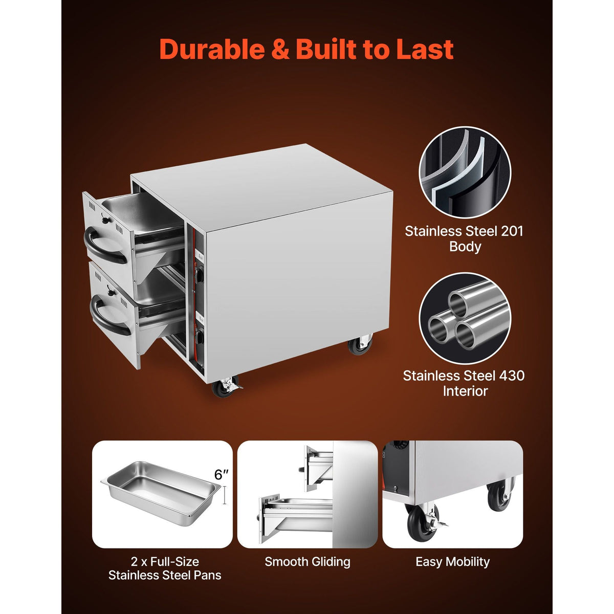 Commercial Electric Drawer Warmer, 2 Full-Size Pan Stainless Steel Food Warmer, Freestanding Standard Warming Drawer Cabinet, 85 Fahrenheit –185 Fahrenheit Wide Temperature Range